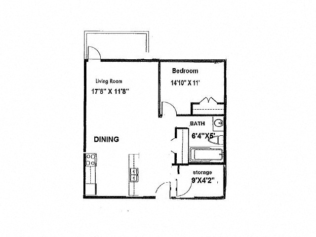 Floor plan for 1 bed, 1 bath, 641 sqft